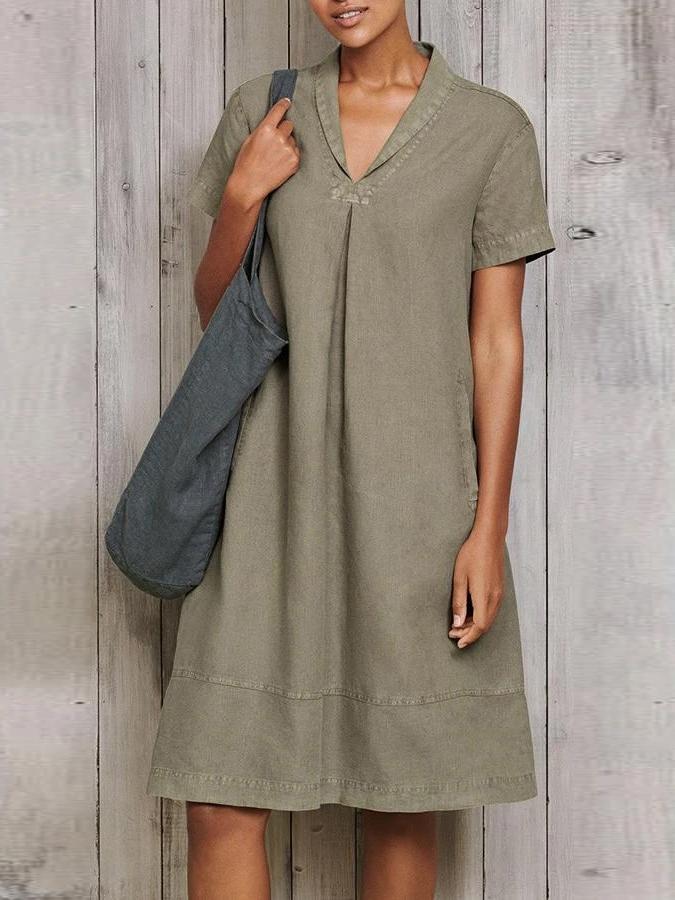 Shawl-collar linen dress - Dresses - INS | Online Fashion Free Shipping Clothing, Dresses, Tops, Shoes - 03/02/2021 - 2XL - ArmyGreen