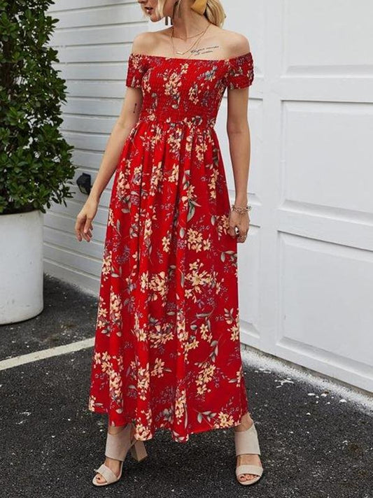 Shirred Bodice Slit Hem Floral Dress - Dresses - INS | Online Fashion Free Shipping Clothing, Dresses, Tops, Shoes - 01/27/2021 - Beach - chiffon-dress