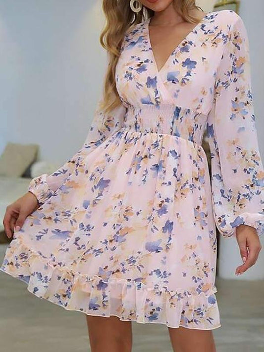 Shirred Waist Ruffle Hem Floral Chiffon Dress - Dresses - INS | Online Fashion Free Shipping Clothing, Dresses, Tops, Shoes - 02/02/2021 - Color_Orange - Color_Pink