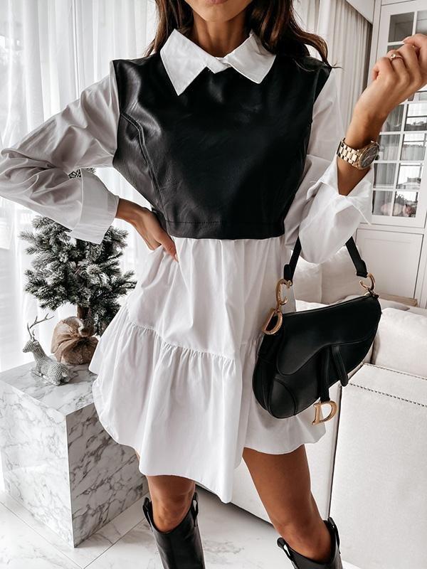 Shirt Collar Stitching Contrast Color Plaid Leather Mini Dress - Mini Dresses - INS | Online Fashion Free Shipping Clothing, Dresses, Tops, Shoes - 04/13/2021 - Color_Black - Color_Khaki