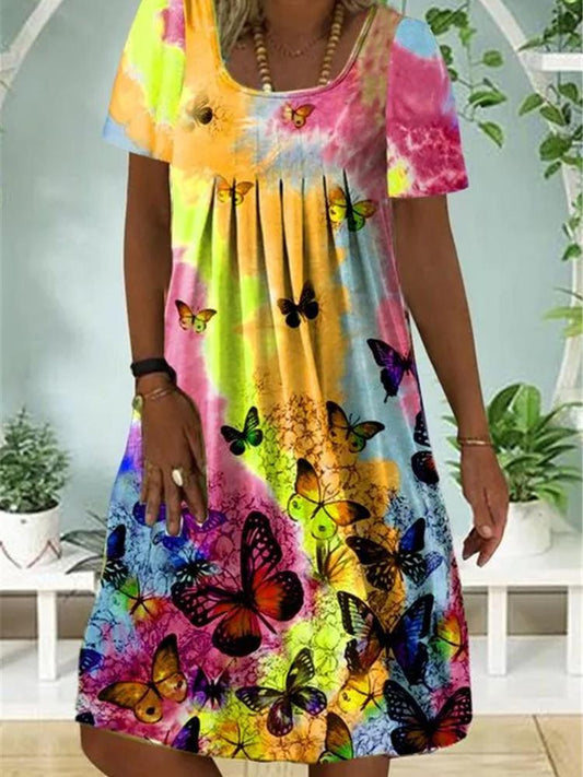 Short Sleeve Round Neck Butterfly Print Dress - Midi Dresses - INS | Online Fashion Free Shipping Clothing, Dresses, Tops, Shoes - 06/07/2021 - 20-30 - Category_Midi Dresses