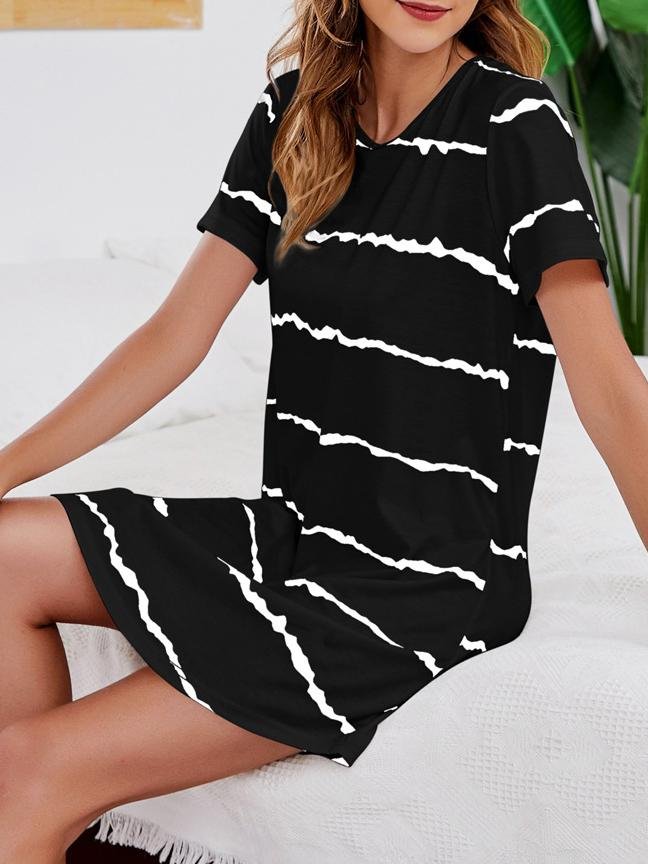 Short Sleeve Striped Loose T-shirt Round Neck MIni Dress - Mini Dresses - INS | Online Fashion Free Shipping Clothing, Dresses, Tops, Shoes - 10-20 - 19/07/2021 - color-black