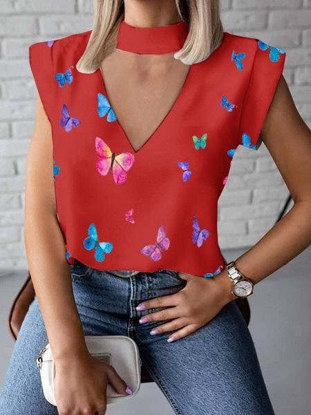 Short Sleeve V-Neck Hollow Halter Butterfly Print T-Shirts - T-Shirts - INS | Online Fashion Free Shipping Clothing, Dresses, Tops, Shoes - 10-20 - 22/07/2021 - Category_T-Shirts