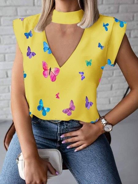 Short Sleeve V-Neck Hollow Halter Butterfly Print T-Shirts - T-Shirts - INS | Online Fashion Free Shipping Clothing, Dresses, Tops, Shoes - 10-20 - 22/07/2021 - Category_T-Shirts