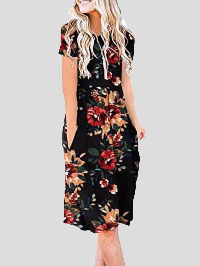 Short-sleeved Floral Print Mid-waist Midi Dress - Midi Dresses - INS | Online Fashion Free Shipping Clothing, Dresses, Tops, Shoes - 19/07/2021 - 20-30 - color-black