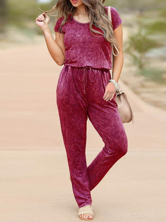 Short-sleeved Tie Waist Slimming Casual Jumpsuit - Jumpsuits & Rompers - INS | Online Fashion Free Shipping Clothing, Dresses, Tops, Shoes - 22/06/2021 - 30-40 - Bottoms