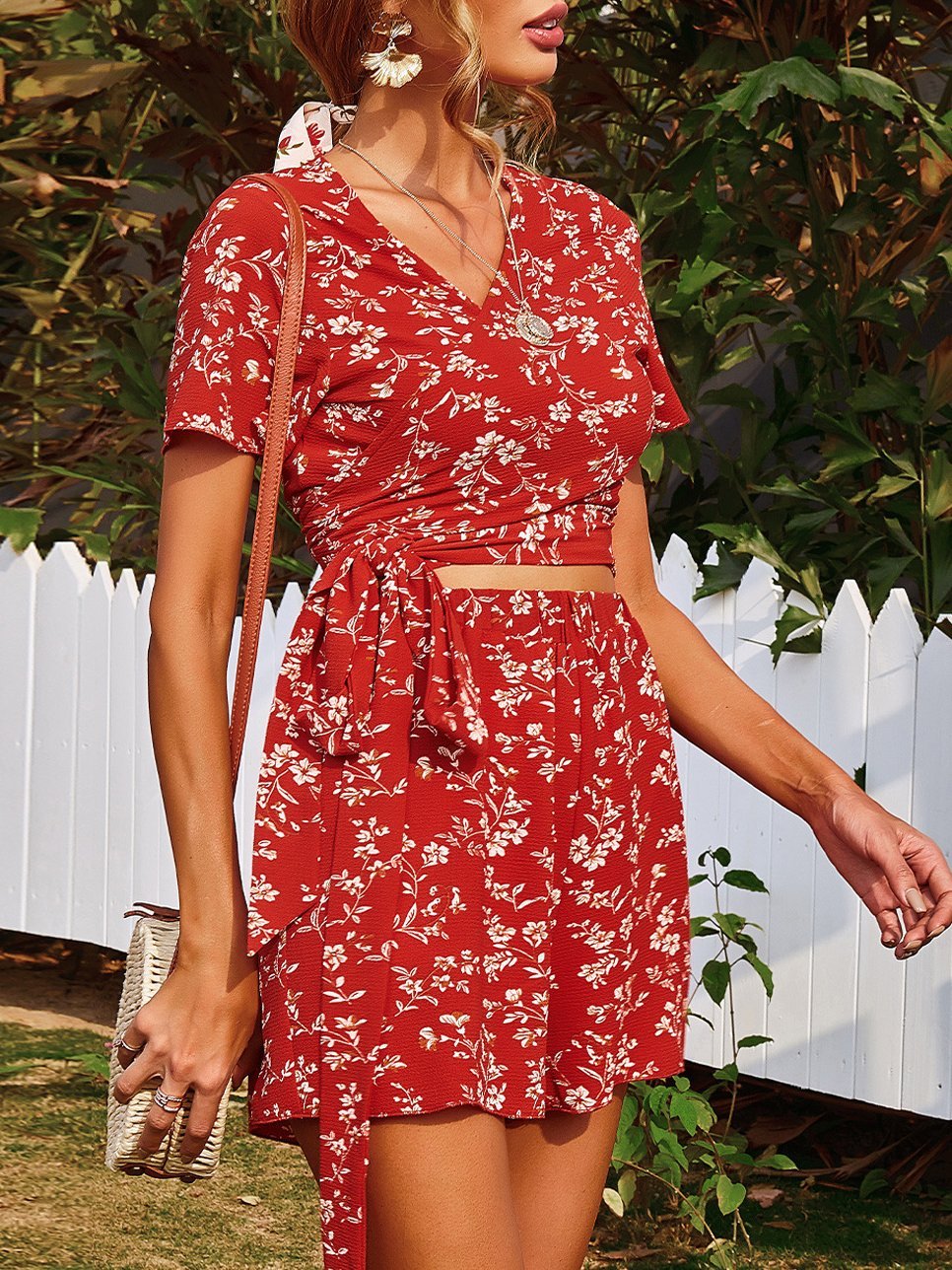 Short-sleeved V-neck Floral Print Two-piece Suit - Sets - INS | Online Fashion Free Shipping Clothing, Dresses, Tops, Shoes - 20-30 - 30/06/2021 - Bottoms