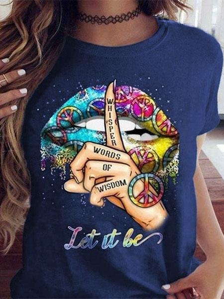 Shut Up Gesture Lips Print Round Neck Short Sleeve T-Shirt - T-Shirts - INS | Online Fashion Free Shipping Clothing, Dresses, Tops, Shoes - 17/07/2021 - Category_T-Shirts - color-black
