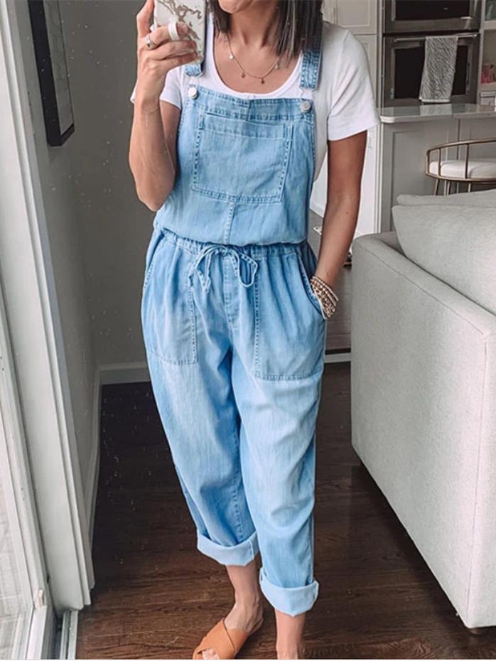 Simple Casual Drawstring Pocket Denim Jumpsuit - Jumpsuits & Rompers - INS | Online Fashion Free Shipping Clothing, Dresses, Tops, Shoes - 29/06/2021 - 30-40 - Bottom