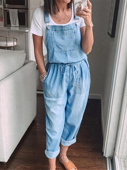 Simple Casual Drawstring Pocket Denim Jumpsuit - Jumpsuits & Rompers - INS | Online Fashion Free Shipping Clothing, Dresses, Tops, Shoes - 29/06/2021 - 30-40 - Bottom