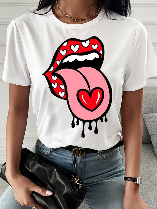 Simple Tongue Print Short Sleeve T-shirt - T-shirts - INS | Online Fashion Free Shipping Clothing, Dresses, Tops, Shoes - 08/07/2021 - 10-20 - color-black