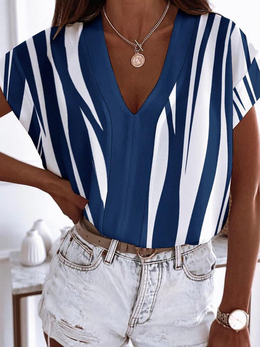 Simple V-Neck Short Sleeve Print Blouses - Blouses - INS | Online Fashion Free Shipping Clothing, Dresses, Tops, Shoes - 08/07/2021 - 10-20 - BLO2107081177