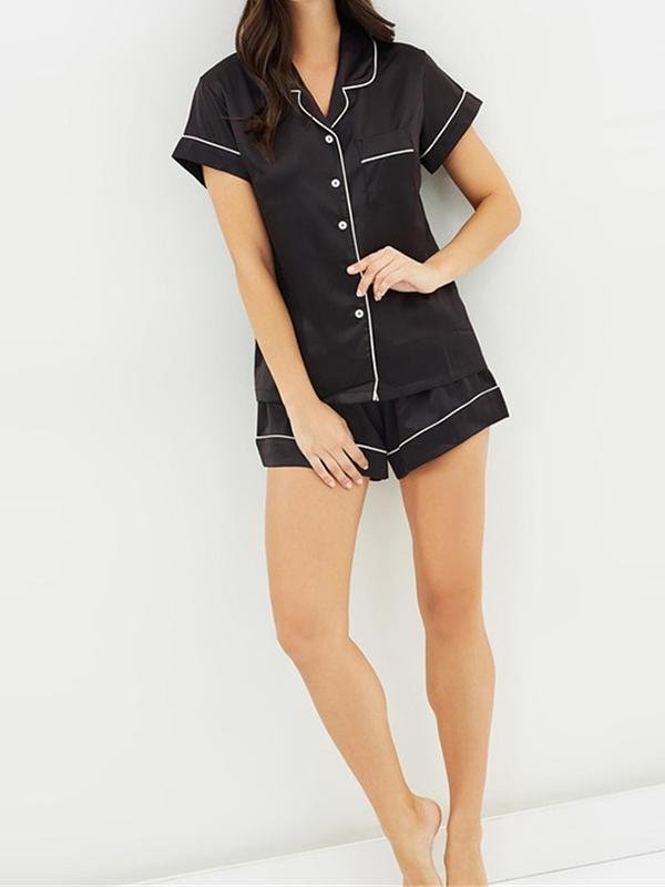 Skinny Stain Notch Collar Top and Shorts Pajama Set - Pajama Set - INS | Online Fashion Free Shipping Clothing, Dresses, Tops, Shoes - 02/04/2021 - 2XL - Black