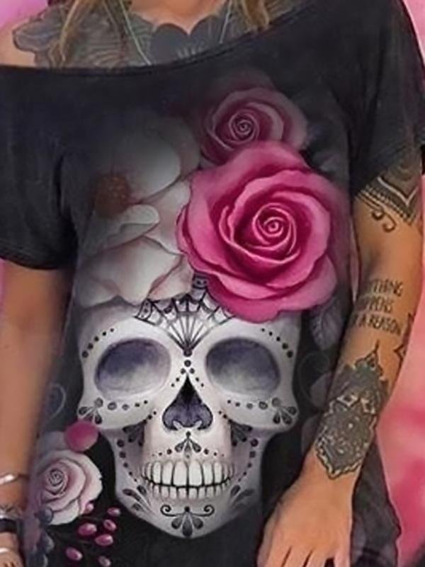 Skull Head Print Short-sleeved One-shoulder T-shirt Dress - Mini Dresses - INS | Online Fashion Free Shipping Clothing, Dresses, Tops, Shoes - 10-20 - 23/07/2021 - color-black