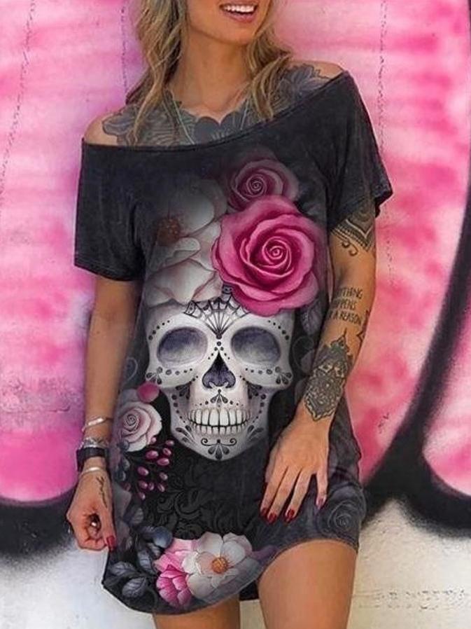 Skull Head Print Short-sleeved One-shoulder T-shirt Dress - Mini Dresses - INS | Online Fashion Free Shipping Clothing, Dresses, Tops, Shoes - 10-20 - 23/07/2021 - color-black