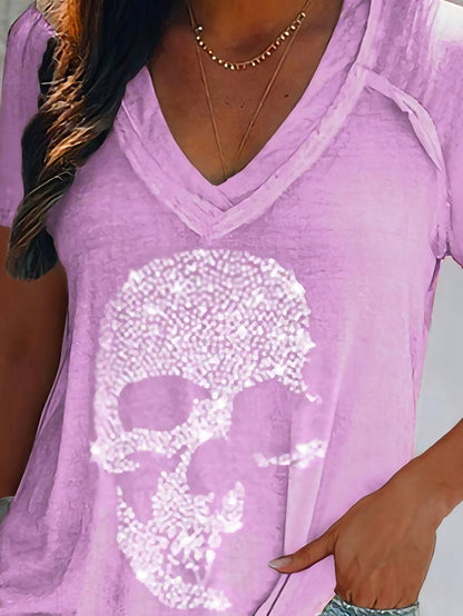 Skull Print Deep V-neck Pullover T-shirt