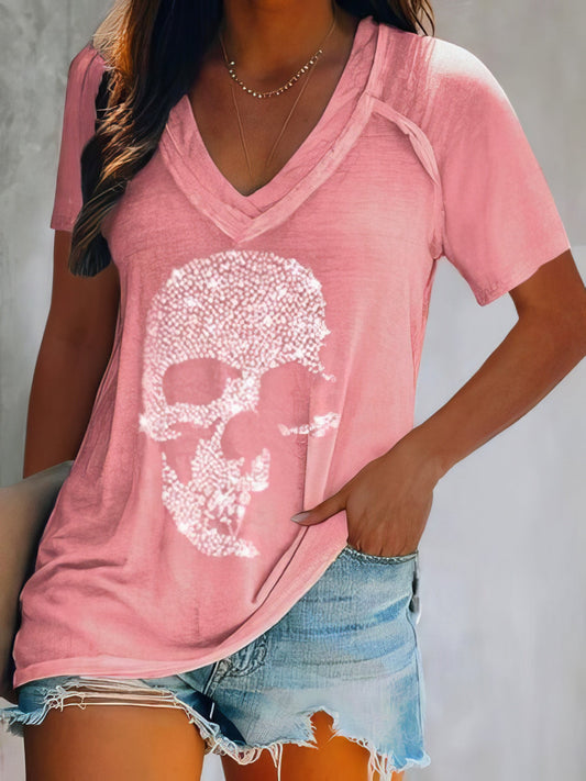 T-shirts - Skull Print Deep V-neck Pullover T-shirt - MsDressly