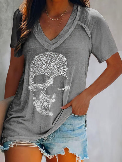 Skull Print Deep V-neck Pullover T-shirt