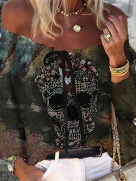 Skull Print One-neck Casual Top - MsDressly
