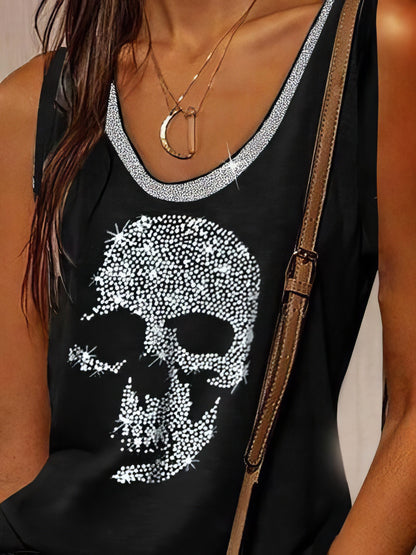 Sleeveless Loose Fit Skull Print Round Neck T-shirt