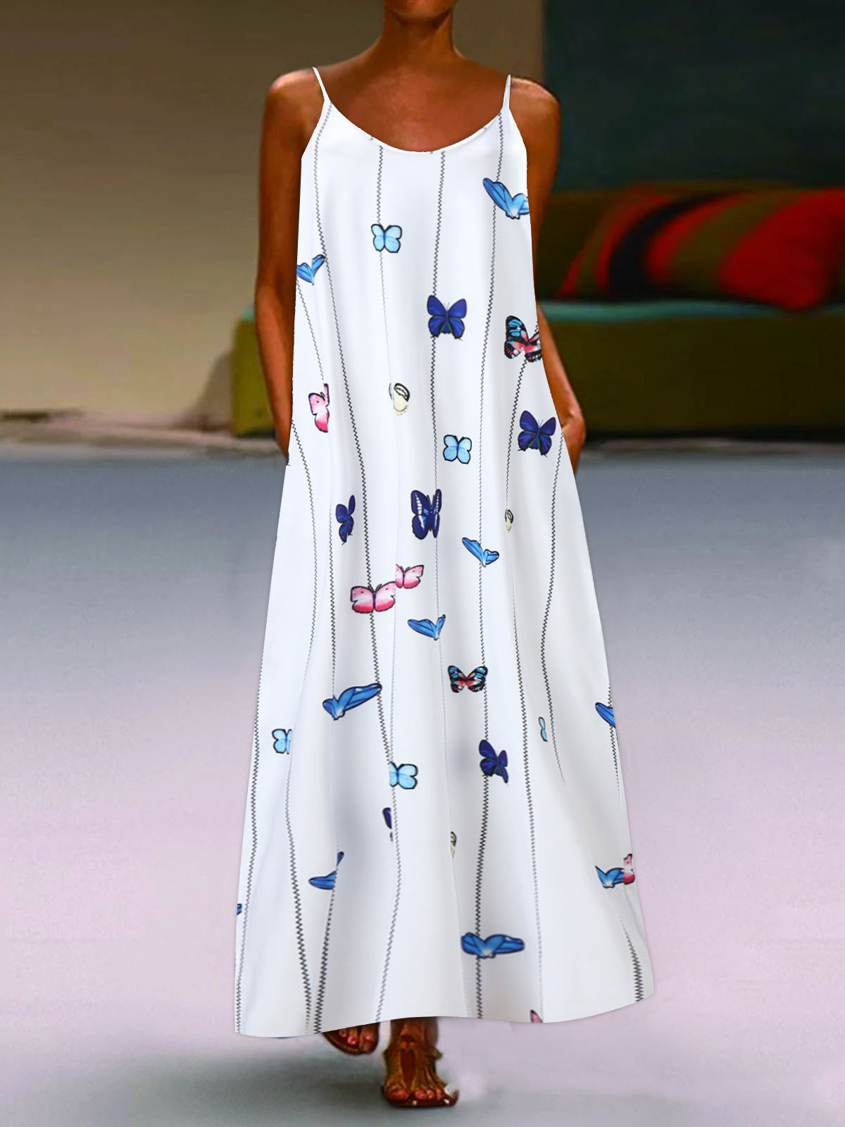 Sleeveless Butterfly Print Suspender Dress - Maxi Dresses - INS | Online Fashion Free Shipping Clothing, Dresses, Tops, Shoes - 05/07/2021 - 20-30 - color-light-white