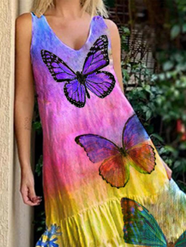 Sleeveless Butterfly Print Tie-dye Dress - Maxi Dresses - INS | Online Fashion Free Shipping Clothing, Dresses, Tops, Shoes - 20-30 - 29/06/2021 - color-purple