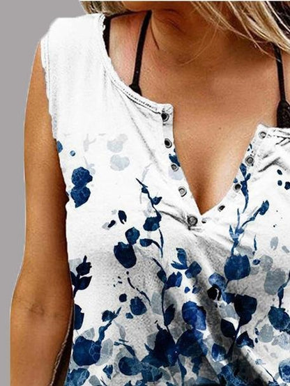 Sleeveless Casual Printed V-Neck Tank Top - Tank Tops - INS | Online Fashion Free Shipping Clothing, Dresses, Tops, Shoes - 11/06/2021 - Category_Tank Tops - Color_Blue