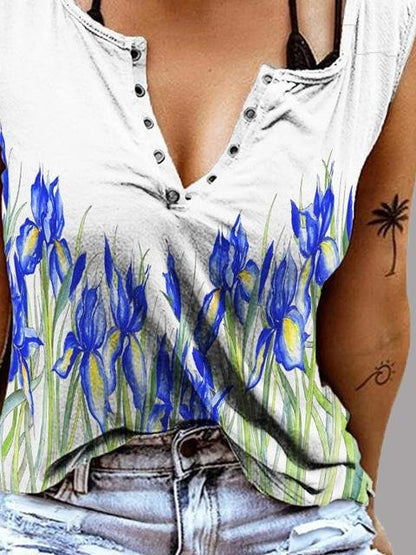 Sleeveless Casual Printed V-Neck Tank Top - Tank Tops - INS | Online Fashion Free Shipping Clothing, Dresses, Tops, Shoes - 11/06/2021 - Category_Tank Tops - Color_Blue