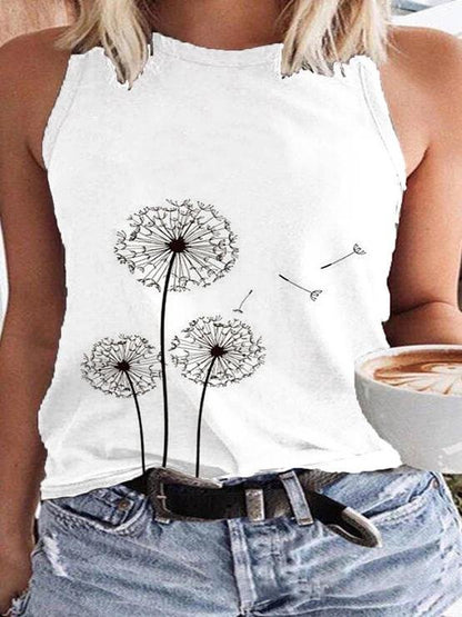 Sleeveless Dandelion Print Crew Neck Tank Top - Tank Tops - INS | Online Fashion Free Shipping Clothing, Dresses, Tops, Shoes - 10-20 - 27/07/2021 - color-white