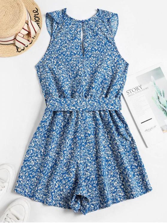 Sleeveless Ditsy Floral Belted Ruffles Romper - INS | Online Fashion Free Shipping Clothing, Dresses, Tops, Shoes