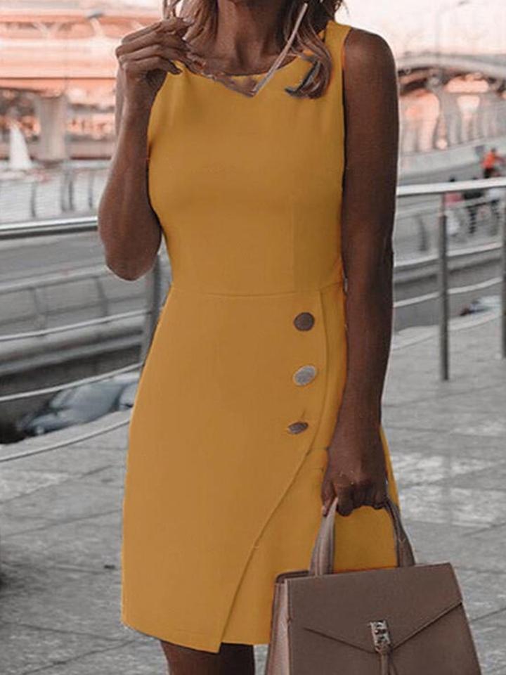 Mini Dresses - Sleeveless Solid Button Round Neck Bag Hip Dress - MsDressly