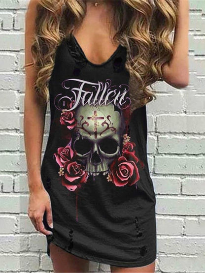 Sleeveless Summer Fashion Skull And Rose Print V-neck Dress - Mini Dresses - INS | Online Fashion Free Shipping Clothing, Dresses, Tops, Shoes - 17/07/2021 - 20-30 - color-green