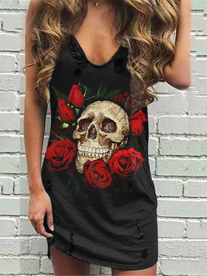 Sleeveless Summer Fashion Skull And Rose Print V-neck Dress - Mini Dresses - INS | Online Fashion Free Shipping Clothing, Dresses, Tops, Shoes - 17/07/2021 - 20-30 - color-green