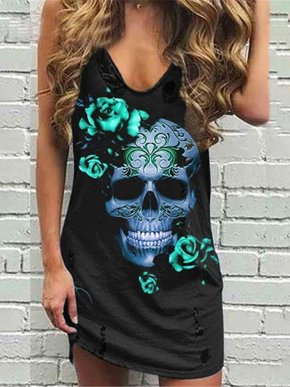 Sleeveless Summer Fashion Skull And Rose Print V-neck Dress - Mini Dresses - INS | Online Fashion Free Shipping Clothing, Dresses, Tops, Shoes - 17/07/2021 - 20-30 - color-green