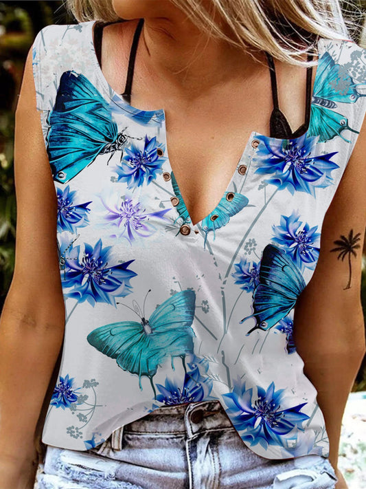 Sleeveless V-neck Butterfly Print Tank Top - Tanks - INS | Online Fashion Free Shipping Clothing, Dresses, Tops, Shoes - 05/06/2021 - Category_Tanks - Color_Black
