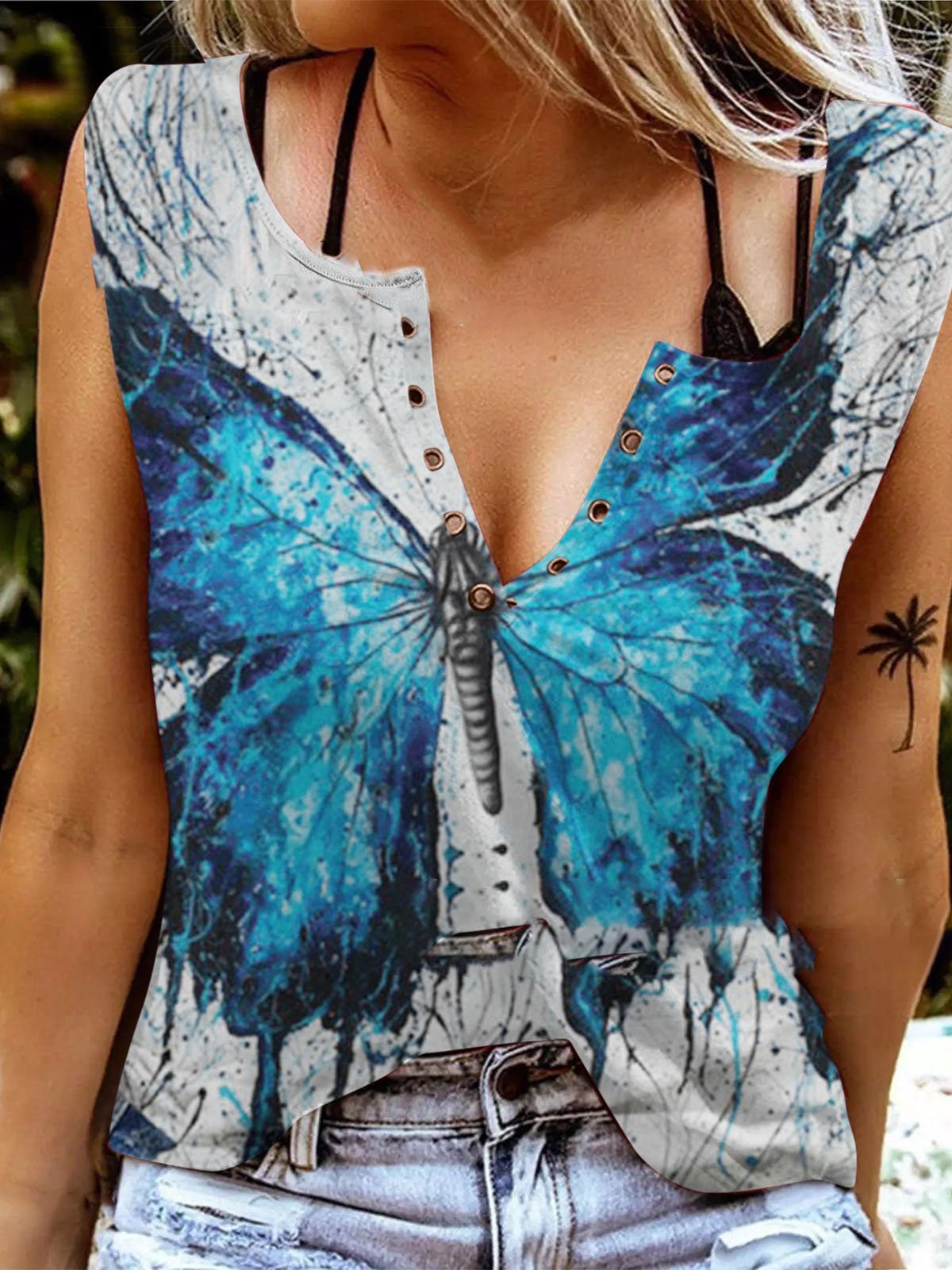 Sleeveless V-neck Butterfly Print Tank Top - Tanks - INS | Online Fashion Free Shipping Clothing, Dresses, Tops, Shoes - 05/06/2021 - Category_Tanks - Color_Black