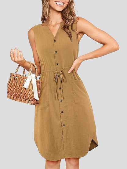 Sleeveless V-Neck Button Belted Pocket Dress - Mini Dresses - INS | Online Fashion Free Shipping Clothing, Dresses, Tops, Shoes - 07/07/2021 - 20-30 - Category_Mini Dresses