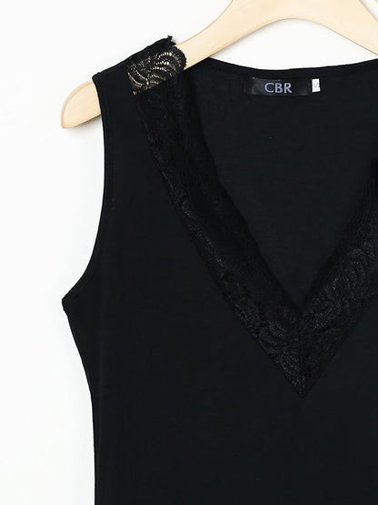 Sleeveless V-Neck Lace Insert Casual Top - Tank Tops - INS | Online Fashion Free Shipping Clothing, Dresses, Tops, Shoes - 27/04/2021 - Color_Black - Season_Spring