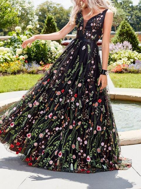 Slim Deep V Neck Sleeveless Embroidered Long Dress - Maxi Dresses - INS | Online Fashion Free Shipping Clothing, Dresses, Tops, Shoes - 20/07/2021 - color-black - Color_Black