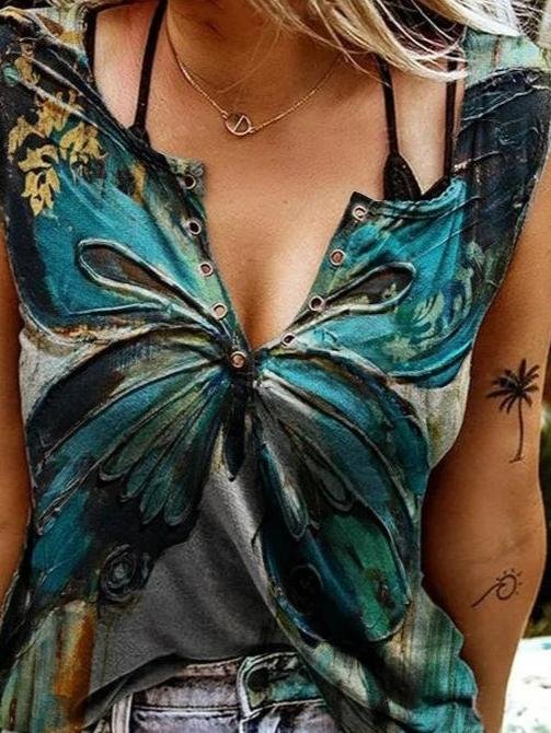 Slim-fit Butterfly Print V-neck Top - Tank Tops - INS | Online Fashion Free Shipping Clothing, Dresses, Tops, Shoes - 11/06/2021 - Color_Green - Season_Summer