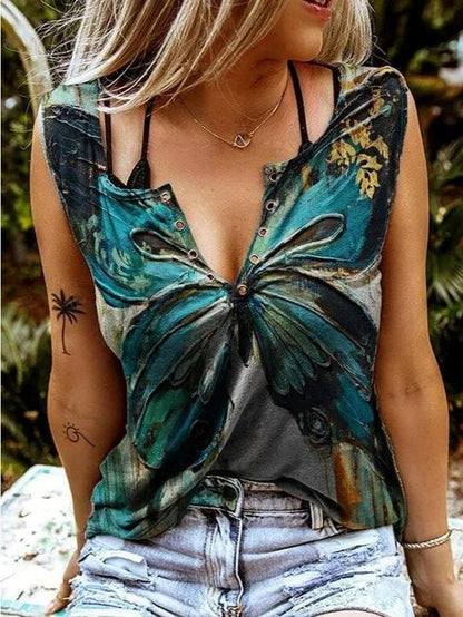 Slim-fit Butterfly Print V-neck Top - Tank Tops - INS | Online Fashion Free Shipping Clothing, Dresses, Tops, Shoes - 11/06/2021 - Color_Green - Season_Summer