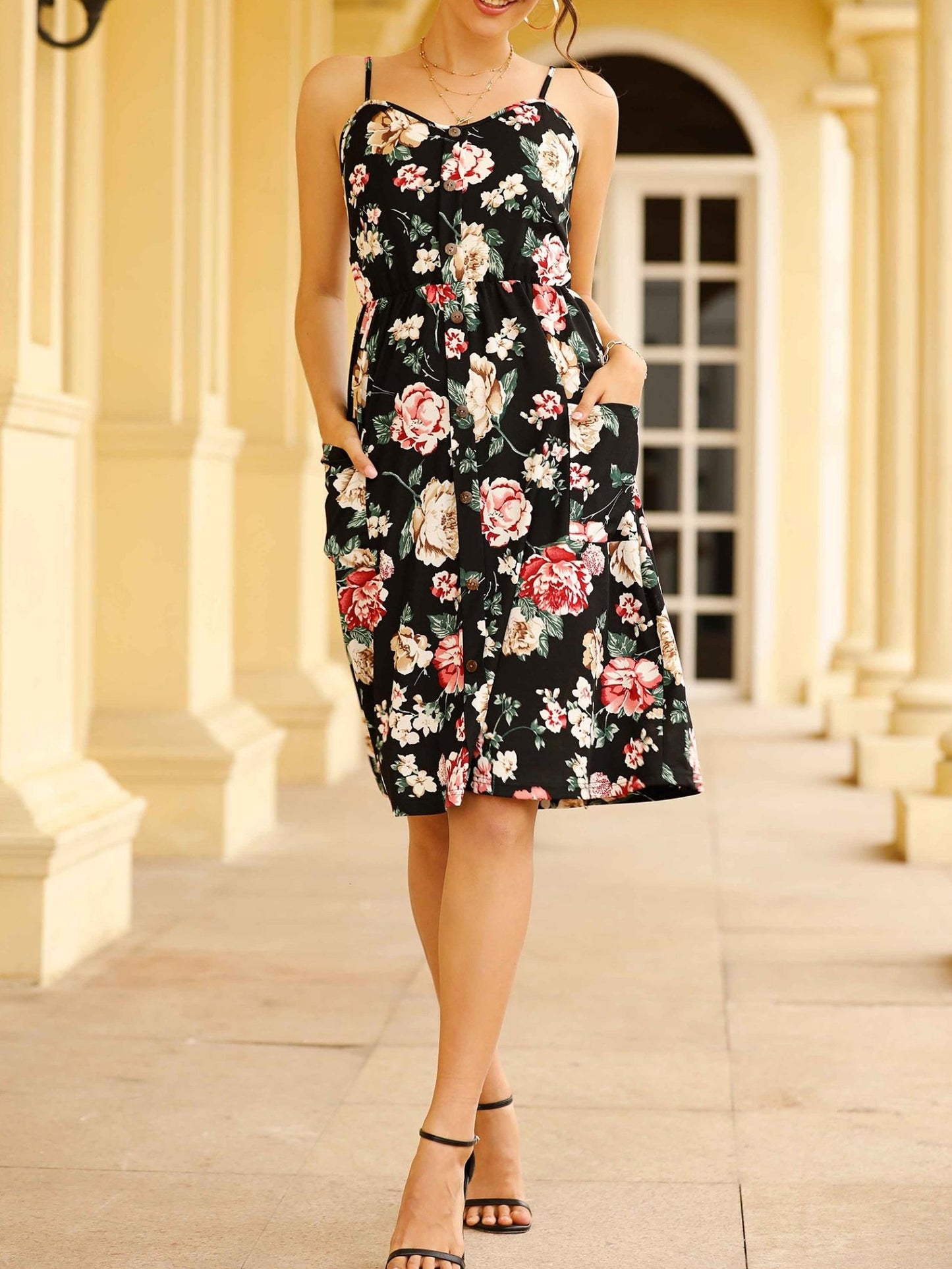 Slim-fit Flower/Dot Print Suspender Dress - MsDressly