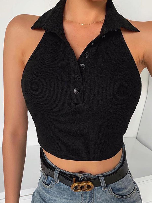 Slim Halter Lapel V-neck Crop Tank Top - Tank Tops - INS | Online Fashion Free Shipping Clothing, Dresses, Tops, Shoes - 10-20 - 24/06/2021 - color-black