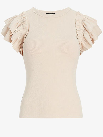 Slim Ribbed Ruffle Sleeve T-Shirt - T-Shirts - INS | Online Fashion Free Shipping Clothing, Dresses, Tops, Shoes - 14/04/2021 - Color_Cloud Cream - Color_White