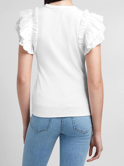 Slim Ribbed Ruffle Sleeve T-Shirt - T-Shirts - INS | Online Fashion Free Shipping Clothing, Dresses, Tops, Shoes - 14/04/2021 - Color_Cloud Cream - Color_White