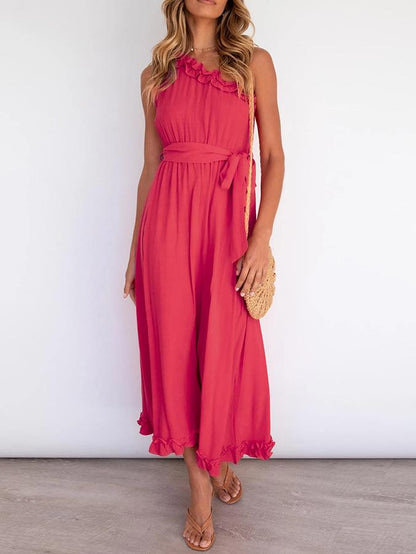 Slim Ruffle Trim Long Dress With Belt - Maxi Dresses - INS | Online Fashion Free Shipping Clothing, Dresses, Tops, Shoes - 22/06/2021 - 30-40 - color-blue