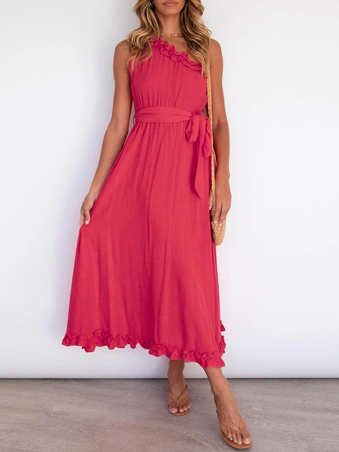 Slim Ruffle Trim Long Dress With Belt - Maxi Dresses - INS | Online Fashion Free Shipping Clothing, Dresses, Tops, Shoes - 22/06/2021 - 30-40 - color-blue