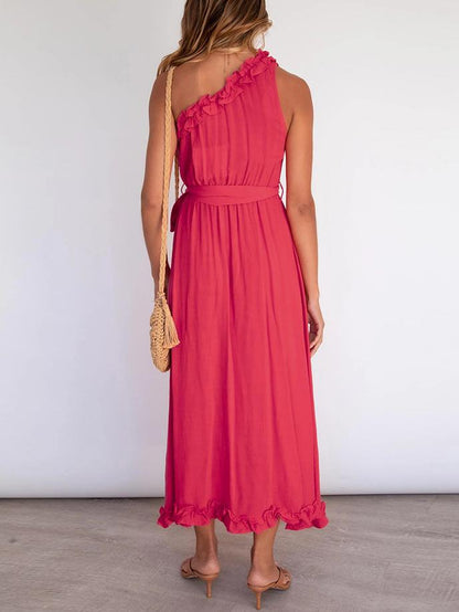 Slim Ruffle Trim Long Dress With Belt - Maxi Dresses - INS | Online Fashion Free Shipping Clothing, Dresses, Tops, Shoes - 22/06/2021 - 30-40 - color-blue