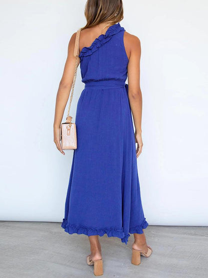 Slim Ruffle Trim Long Dress With Belt - Maxi Dresses - INS | Online Fashion Free Shipping Clothing, Dresses, Tops, Shoes - 22/06/2021 - 30-40 - color-blue