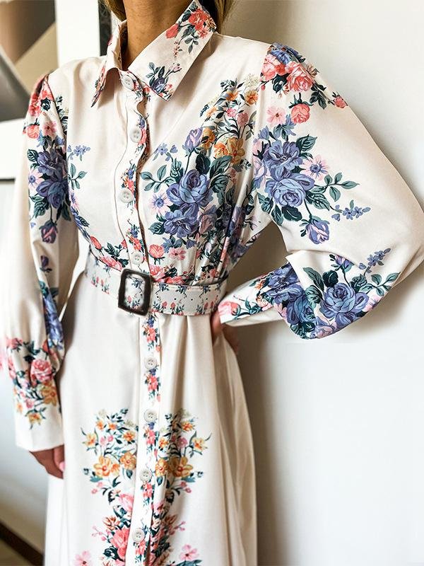 Slimming Floral Printed Lapel Long Sleeves Dresses - Maxi Dresses - INS | Online Fashion Free Shipping Clothing, Dresses, Tops, Shoes - 21/06/2021 - 40-50 - color-white